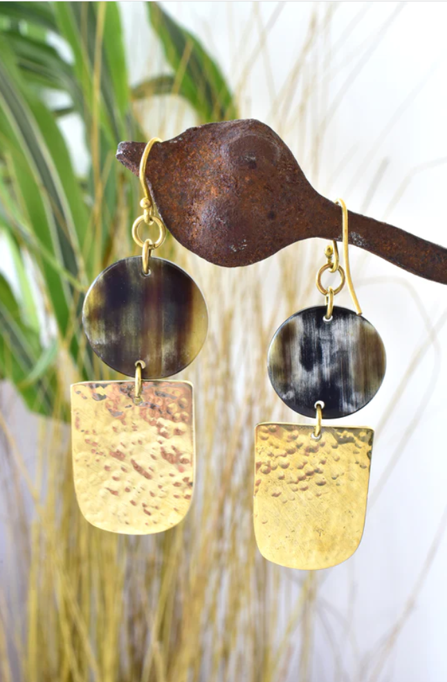 Brass and Dark Cow Horn Inverse Earrings