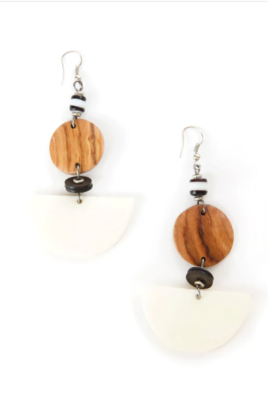 Cow Bone and Wood Half Moon Earrings