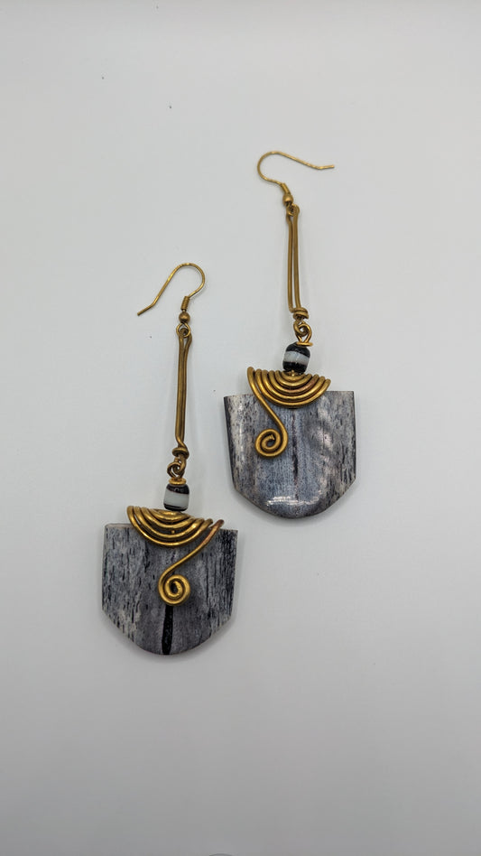 Gray Bone & Brass Curl Earrings