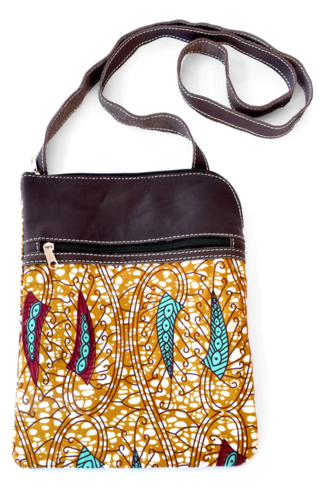 Chitenge Cloth and Gray Leather Cross Body Bag