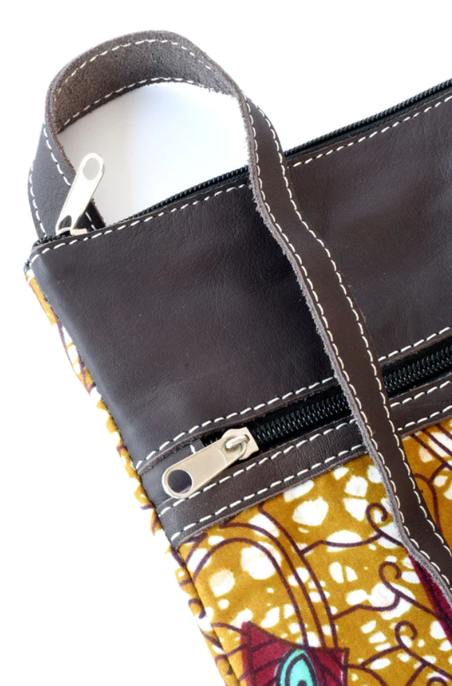 Chitenge Cloth and Gray Leather Cross Body Bag