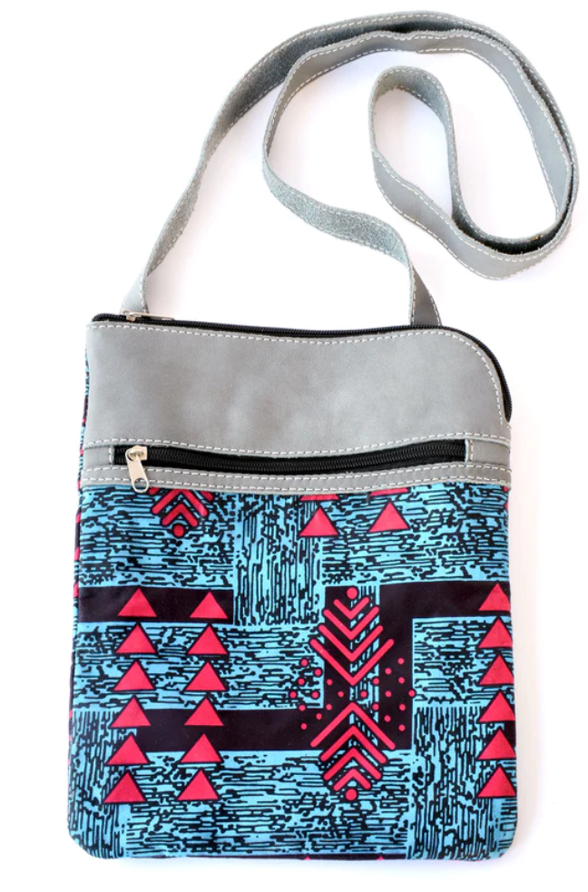 Chitenge Cloth and Gray Leather Cross Body Bag