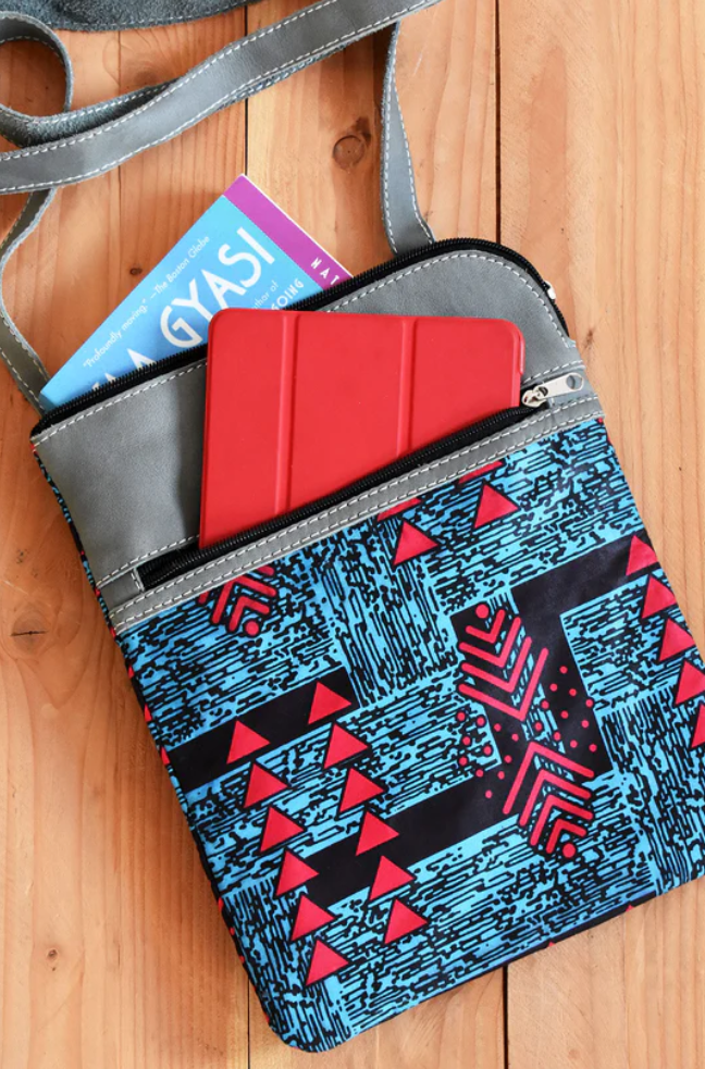 Chitenge Cloth and Gray Leather Cross Body Bag