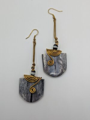 Gray Bone & Brass Curl Earrings